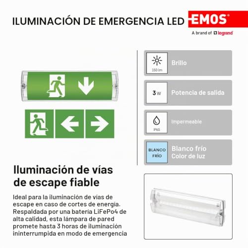 Miniatura 2 de Emos Iluminación Led De Emergencia, Luz De Salida Hasta 3 Horas, Con Botón De Prueba Manual, Pilas Incluidas, Para Montaje En Pared, Luz Continua