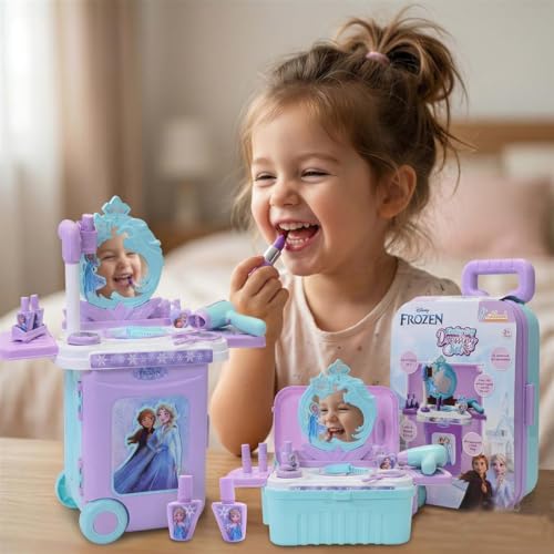 Image of Frozen Dressing Set for Girls - Elsa & Anna Pretend Play Beauty Makeup Kit with Trolley, Lights & Music, 15 Pcs Educational Styling Toy | Birthday Gift for Kids Age 3+, Turkish Blue