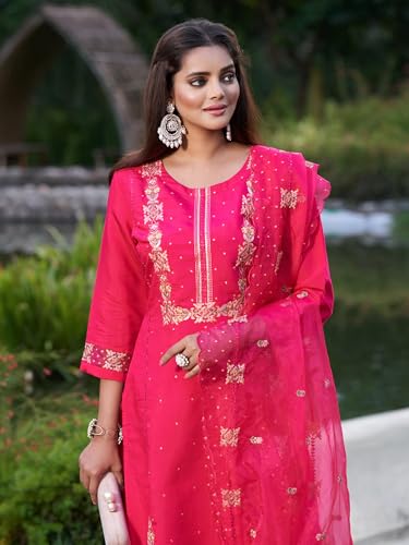 Image of INDO ERA Women's Silk Blend Straight Kurta and Pant with Dupatta Set