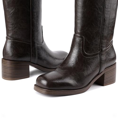 Image of Gothictor Women's Banana Knee High Boots Square Toe Chunky Block Heel Comfortable Low Heel Pull on Wide Calf Riding Long Boots for Women