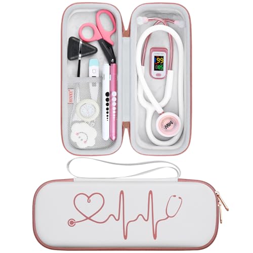 BOVKE Bolsa de estuche de estetoscopio para estetoscopios ligeros 3M Littmann Classic III, Lightweight II S.E, Cardiología IV, MDF Acoustica - Bolsillo extra enfermeras Accesorios, Oro Rosa Blanco