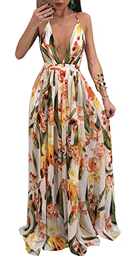 Womens Sexy Spaghetti Strap Deep V Neck Floral Boho Criss Cross Backless Chiffon Beach Party Long Maxi Dress Orange Large