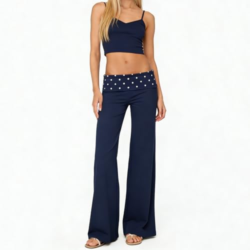 Image of Lounge Yoga Pants for Women Fold Over Low Waist Wide Leg Bell Bottoms | Y2K Foldover Pants, Flare Leggings, Low Rise Yoga Sweatpants