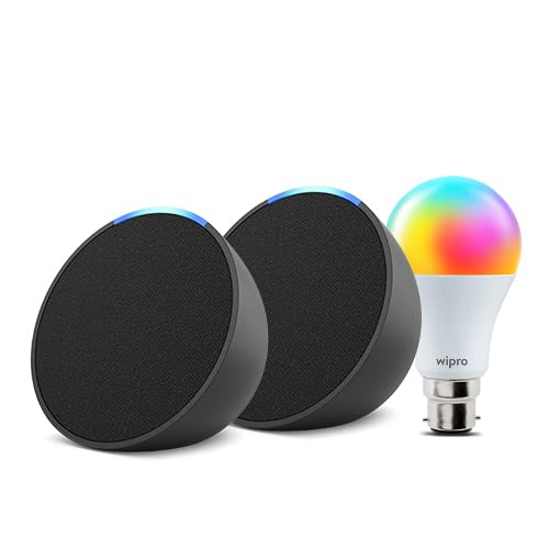 Image of Echo Pop (Black) gift twin pack with Wipro 9W LED Smart Color Bulb