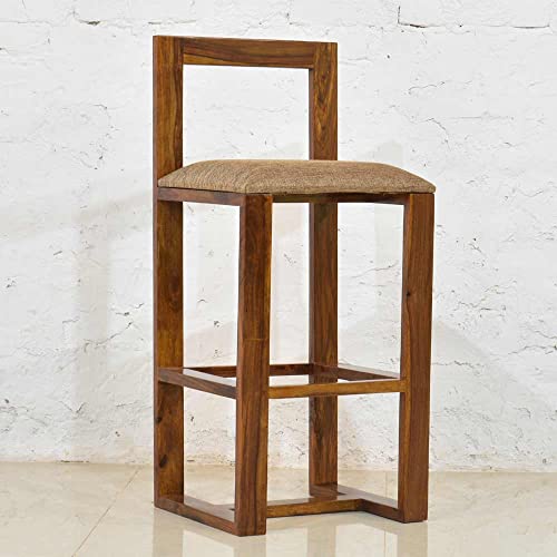 Image of OGESTA Solid Sheesham Wood Bar Chair for Kitchen Island & Breakfast Counter | High Back Wooden Bar Stool with Cushioned Seat | Rustic Walnut Finish | Home Bar & Dining Counter Chair (style 8)