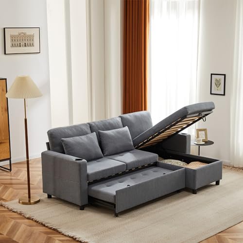 BTM3 Seater Sofa, L Shape Sofa Bed, Corner Sofa Bed with Storage, Pull Out Sofa Bed with 2 Cup Holders & 4 Magazine Pockets for Living Room/Office, Grey