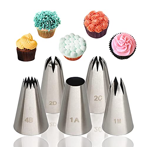 Spritztüllen Set, 5 Stück Edelstahl Tüllen für Spritzbeutel Sahne Spritztülle Groß Profi Nahtlose Blumen Torten Dekoration Werkzeuge für Spritzsack Sahne Cupcake Kuchen Dekorieren