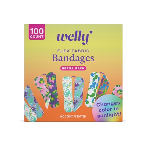 Image of Welly Bandage Color Changing Refill Pack | Adhesive Flexible Fabric Bandages | Assorted Shapes and Patterns for Minor Cuts, Scrapes, and Wounds - 100 Count