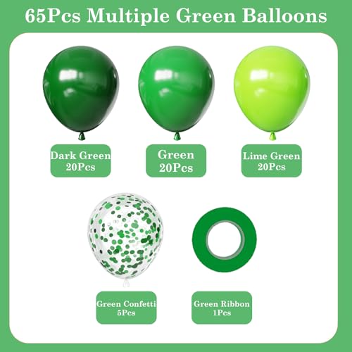 Image of Green Balloons Set, 65pcs 12in Dark Light Green Balloons, Green Confetti Latex Party Balloon for St. Patrick's Day Jungle Forest Themed Birthday Decorations