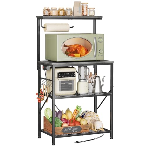 Image of Huuger 4-Tier Bakers Rack with Reversible Power Outlet, 23.6 Inch Microwave Stand, Kitchen Coffee Bar, with Top Shelf, 6 S Hooks, Grey