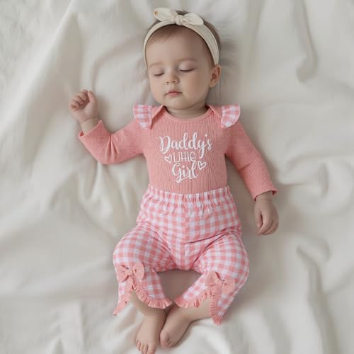 Newborn Baby Girls Outfits Daddy's Little Girl Romper Jumpsuit Bodysuit Plaid Flare Pants Set Fall Winter Clothes2