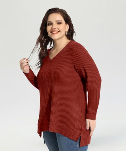 Image of RITERA Plus Size Women Sweaters Waffle Knit Pullover Top Long Sleeve Casual Crewneck Shirt Loose Split Hem Fall Winter Blouse