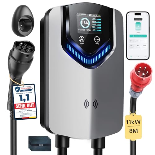 Wallbox 11kW mit APP & RFID – 3-Phasiges Typ 2 EV-Ladegerät 400V, 6–16 A, 8M Kabel mit Kabelhalter – RCD Typ B & IP54,Einstellung Startzeiteffiziente Ladestation für Zuhause für BEV PHEV