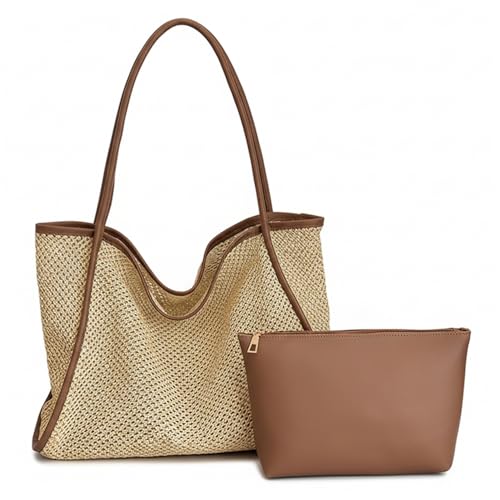 Sac de plage en paille grand volume marron doté d'une pochette pratique