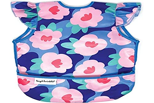Image of Tiny Twinkle Mess Proof Baby Bib for Girls | Waterproof Toddler Bib for Eating | Baby Apron for Feeding | Machine Washable | Perfect Shower Gift (Floral Blue, 6-24M)