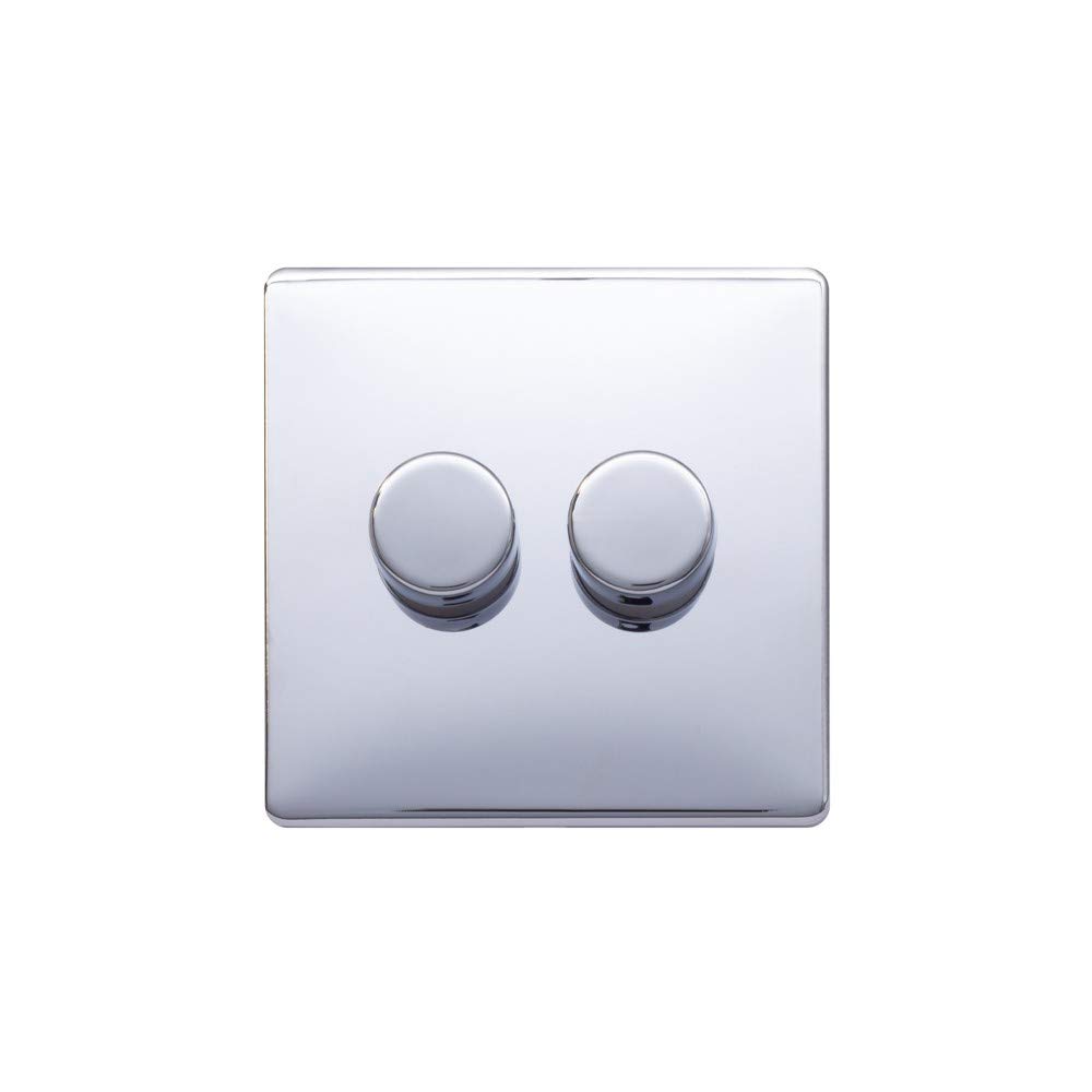 Lieber Polished Chrome 100W LED (250w Halogen/Incandescent) 2 Gang 2 Way Intelligent Trailing Dimmer Light Switch - Black Insert Screwless
