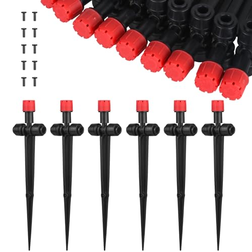 Lot de 25 arroseurs d'arrosage réglables à 360 °, 8 trous avec piquet et support de tuyau Micro Drip pour tuyau de 1/4', kits d'irrigation pour serre, plantes en pot, rouge