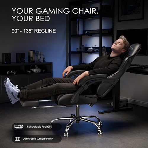 Blisswood Gaming Chair – Ergonomic Video Game Computer Chair with Footrest, Headrest & Lumbar Support, Height-Adjustable High Back Reclining PC Racing Gamer Chair for Adults – Black - Image 5