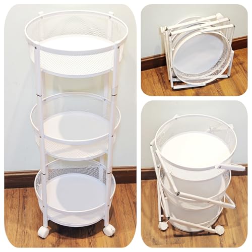 Secchuu キッチンワゴン 折り畳み 3段タイプ 耐荷重45KG 幅34.5cm×奥行34.5cm×高さ88cm シンプルさ 収納ワゴン スチール製ボデイ キャスター付き スムース移動 小物収納 完成品 (白色, 折り畳み円形3段 組立不要)