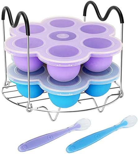 Pressure Cooker Accessories with Silicone Egg Bites Molds and Steamer Rack Trivet with Heat Resistant Handles Compatible with Instant Pot Accessories 6, 8 Qt, 3 Pcs with 2 Bonus Spoons (Blue & Purple)