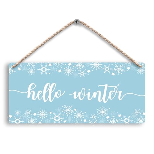 FUGWN Blue Hello Winter Snowflakes Hanging Wooden Signs 12x6, Hello Winter Sign, Winter Door Sign, Winter Wall Decor, Winter Door Hanger, Blue Winter Christmas Xmas Hanging Sign for Home Door Decor