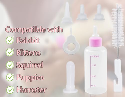 KAPSING Aufzuchtflasche Haustier Set, 60mL Kleine Katze Hunde Aufzuchtflasche, Haustier Babyflasche Kit Für Welpen, Kätzchen und andere Haustiere(Rosa)