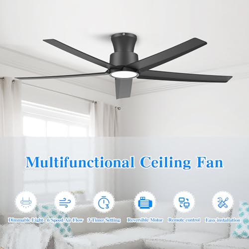 ocioc 52 inch Ceiling Fans with Lights, Large Air Volume Ceiling Fans with Reversible Quiet DC Motor and Remote（Black） thumbnail 2