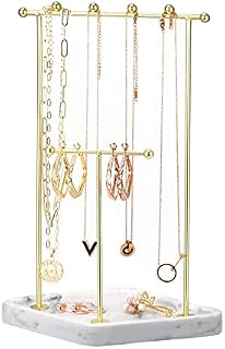 Emibele Jewelry Organizer Stand, 2 Tier Jewelry Holder Stand with Rhombic Resin Tray Golden Metal Rack, Necklace Bracelets Rings Earrings Display Tower Jewelry Tree Stand, Marble White