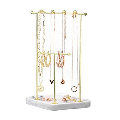 Emibele Présentoir à Bijoux, Support pour Bijoux à 2 Niveaux avec Tiges en Métal Doré et Plateau en Résine, Support d'arbre à Bijoux pour Colliers Bracelets Bagues Boucle d'oreille, Marbre Blanc Cover
