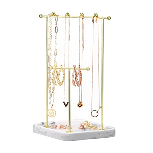 Emibele Soporte de Exhibición para Joyas, Joyería Estante de Collar de 2 Niveles con Bandeja de Resina de Rombos, Organizador de Joyas para Collar Pulsera Anillo Pendientes, Mármol Blanco