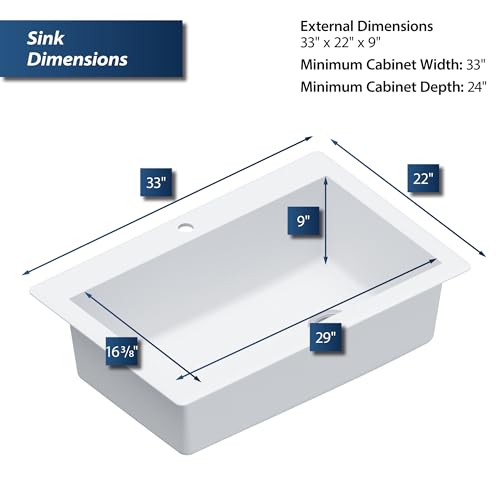 Karran QT-670 Drop-In/Top Mount 33\" Single Bowl Granite Quartz Composite Kitchen Sink in White – Right Side Drain, Extra Deep 9\" Basin, Heat & Scratch Resistant, Sound Dampening