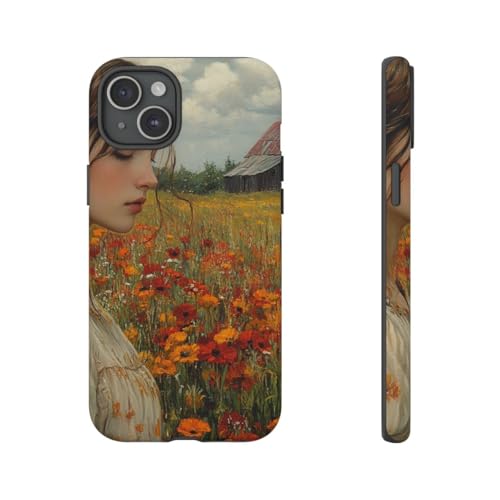 Coque iPhone 15 Plus antichoc fine mate motif champ fleurs grange