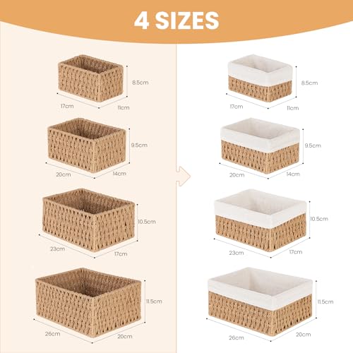 Geflochtener Aufbewahrungskorb mit Futter,4 Stück Körbchen Handgewebt Korb Boho DekoAufbewahrung Klein Geflochten Handgewebte Box aus Papierseil für Bad, Make-up,Tischplatten,Schrank(Jute) – Bild 3