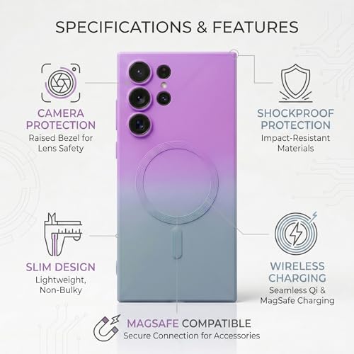 Image of amazon basics Gradient Mag-Safe Case for Samsung Galaxy S22 Ultra | Soft Silicone Shockproof Cover with Camera Protection | Slim Lightweight Design | Smooth Touch & Durable - Purple & Gray