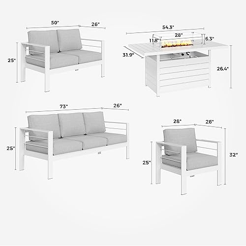 Solaste Aluminum Patio Furniture Set with Fire Pit Table, 5 Piece Metal Outdoor Furniture with Water-Resistant Cushions, Modern Patio Conversation Set for Balcony, Front Porch, and Backyard
