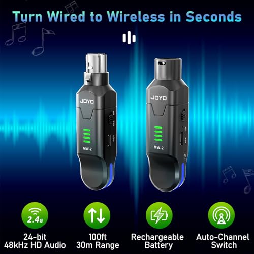 joyo 24ghz wireless microphone system 4-channel xlr transmitter amp receiver dynamicphantom-powered condenser mics adapter for pa systems live sound audio mixer church studio mw-2