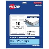 Avery Printable Perforated Rounded Rectangle Price Tags, Sure Feed Technology, 1-1/2' x 3', Matte White Cardstock, Print-to-The-Edge, Laser/Inkjet Printable, 250 Total