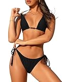ZAFUL Women's Sexy Halter Bikini Sets Beads Tie Side Solid Triangle Thong Swimsuit Two Piece Cheeky Bathing Suits (Black, M)
