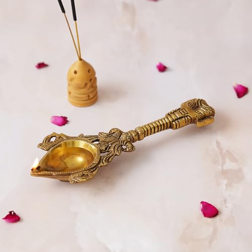Image of eCraftIndia Golden Handcrafted Ethnic Design Brass Diya with Handle - Ideal for Home Pooja Mandir Temple for Ganesh Chaturthi, Navaratri, Diwali
