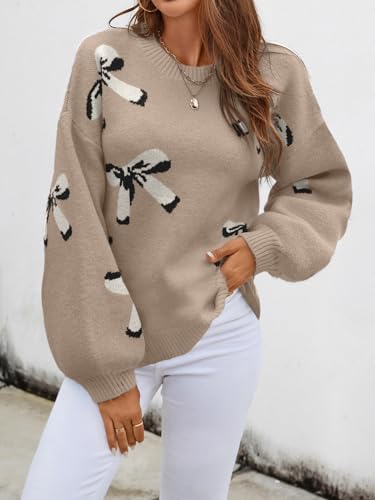 Image of Libsorge Womens Oversized Cute Bows Crewneck Cozy Pullover Sweater | Fall Winter Trendy Long Shoulder Balloon Sleeve Knit Baggy Printed Dressy Casual Valentines Day Vintage Sweaters