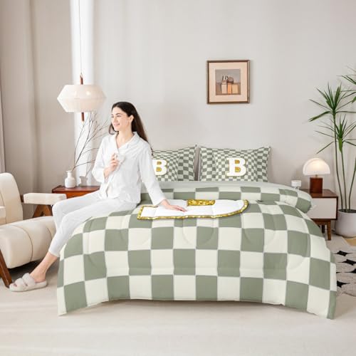 Image of Erosebridal Sage Green Checkered Queen Bed in A Bag 7 Piece Plaid Initial B Comforter Set with Sheets Personalized Monogram Bedding Sets for Kids Adults,Fashion Grids Gingham Bed Set