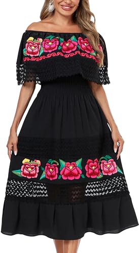 YZXDORWJ Women Mexican Dress Floral Embroidered Peasant Casual Sexy Lace Off-Shoulder Long Maxi Dress (XXL, 348BK4)