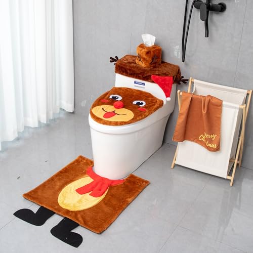 Christmas Bathroom Decoration Set 5pcs Toilet Seat Cover, Rugs, Tank Cover, Toilet Paper Box Cover & Towel Xmas Indoor Décor