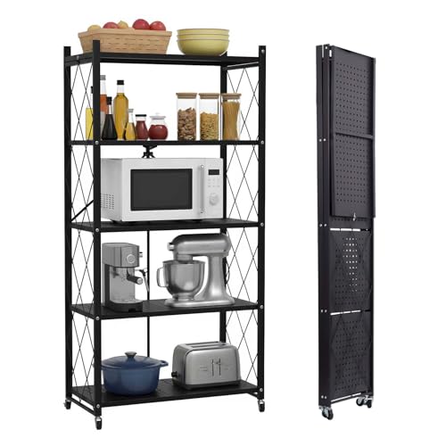COKITOO 5 Tier Foldable Storage Shelf with Wheels Heavy-Duty Metal Shelving Unit No Assembly Book Shelf Rolling Storage Rack for Garage Kitchen Pantry Closet Exhibition Office Decor Black
