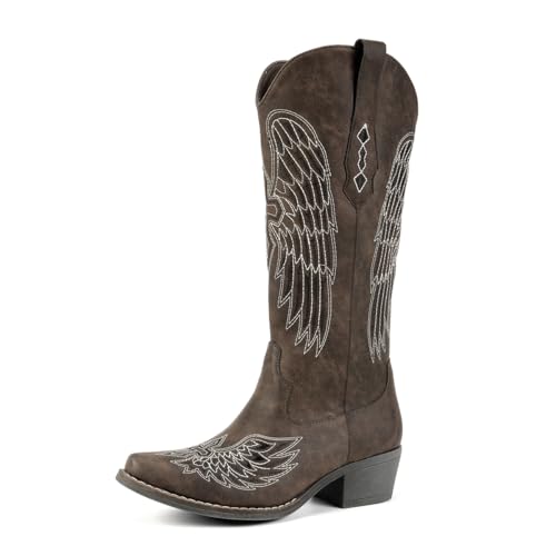 Image of Women's Western Cowboy Boots - Black Gothic Cross & Angel Wing Embroidered Mid Calf Boots, Y2K Vintage Pointed Toe Biker Cowgirl Boots for Concert Festival