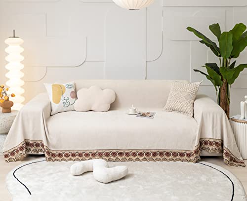 Vm Vougemarket Chenille Sofa Cover For 3 Cushion Sofa,1 Pc Universal Furniture Protector Couch Cover With Lace Fringing,Washable Sofa Slipcovers For Kids Pets(X-Large,71 X 134,White) #TOP18