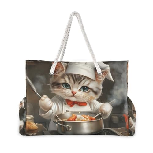 Cute Cat Chef Beach Bag for Women Large Beach Tote Bag with Zipper for Travel Vacation