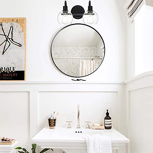 Image of Black 2-Lights Wall Sconce Lighting with Seeded Glass Lampshades Industrial Bathroom Vanity Light Fixtures for Hallway Kitchen Bedroom