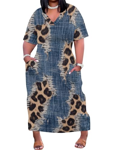 Image of SUZONANA Plus Size Denim Print Maxi Dresses for Women Casual V Neck Short Sleeve with Pockets Soft Jean Look Dress XL-6XL