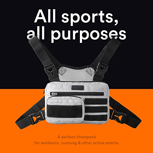 Fitdom Tactical Inspired Sports Utility Chest Pack. Chest Bag For Men With Built-In Phone Holder. This EDC Rig Pouch Vest is Perfect For Workouts, Cycling & Hiking (Rig Fit, White)